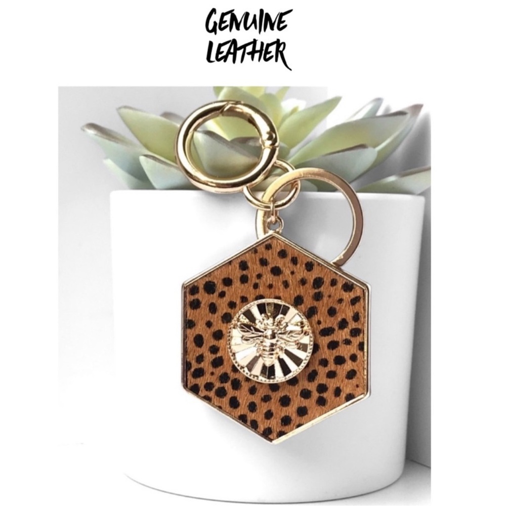 New Genuine calf leather hexagon bee animal print trendy keychain